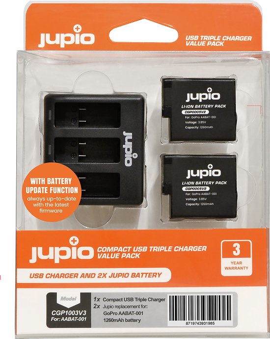 Jupio Value Pack: 2x Battery GoPro HERO5/6/7, HERO (2018) AHDBT-501 1260mAh + Compact USB Triple Charger (update version)