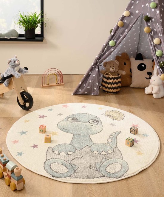 Rond dino vloerkleed - Dreams wit/blauw 120 cm rond