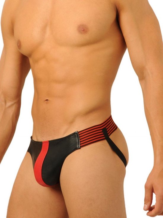 Jockstrap en cuir noir/rouge taille large