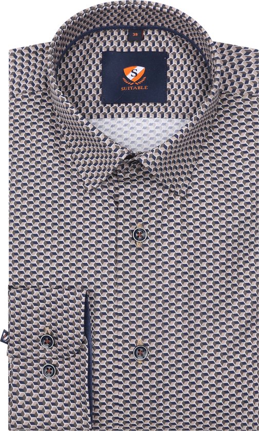 Suitable - Overhemd Print Bruin 267-12 - Heren - Maat 42 - Slim-fit
