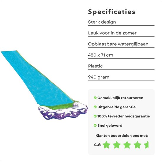 Cheqo® Opblaasbare Waterglijbaan - Waterglijmat - 480 x 71cm - Perfect voor Zwembaden, Tuinen & Stranden - Buikschuifbaan - Cheqo