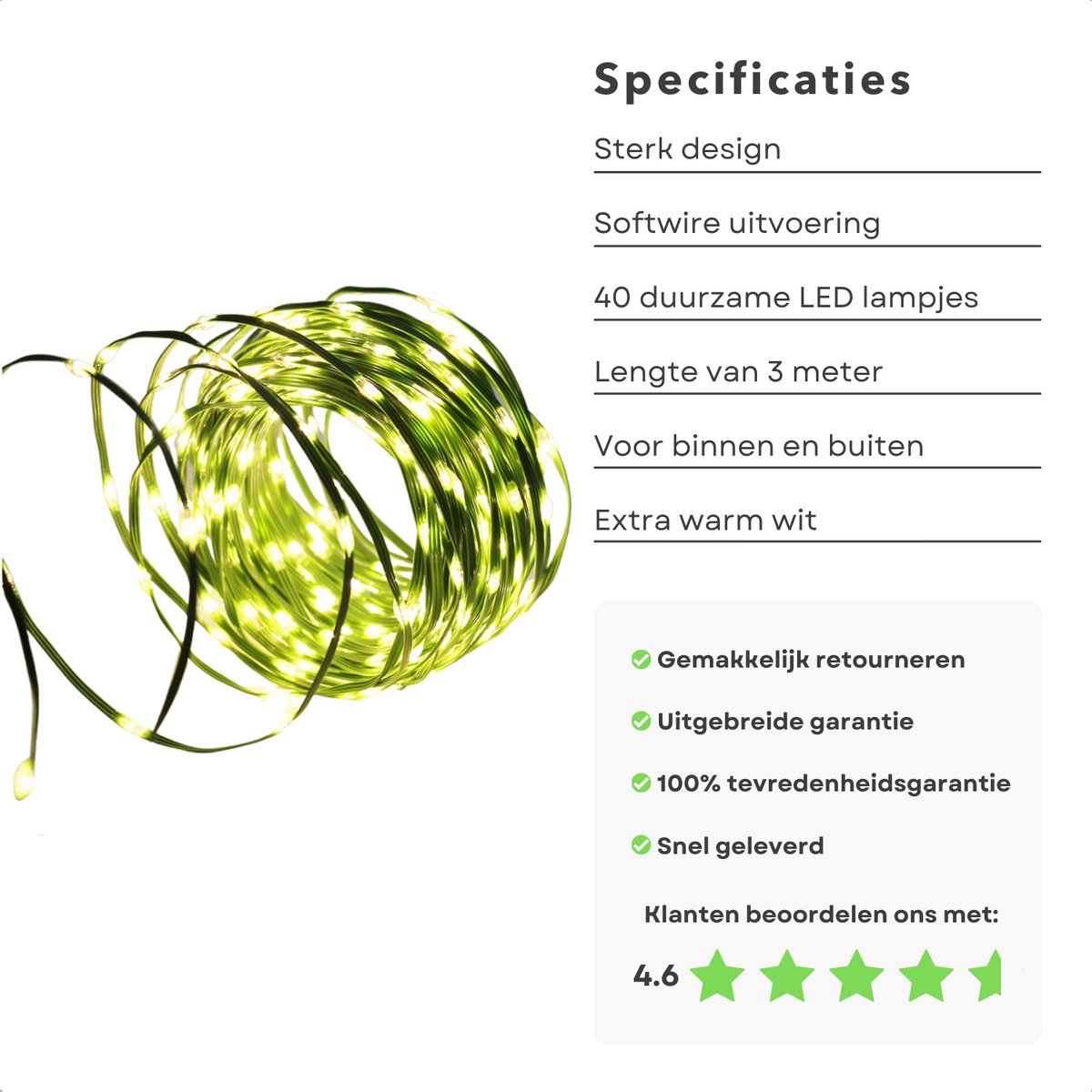 Draadverlichting - Kerstverlichting - Kerstlampjes - Kerstboomverlichting - Lampjes Slinger - Lichtsnoer - LED Lampjes voor Binnen en Buiten - 40LED - Extra Warm Wit - Inclusief EBOOK – foto 5