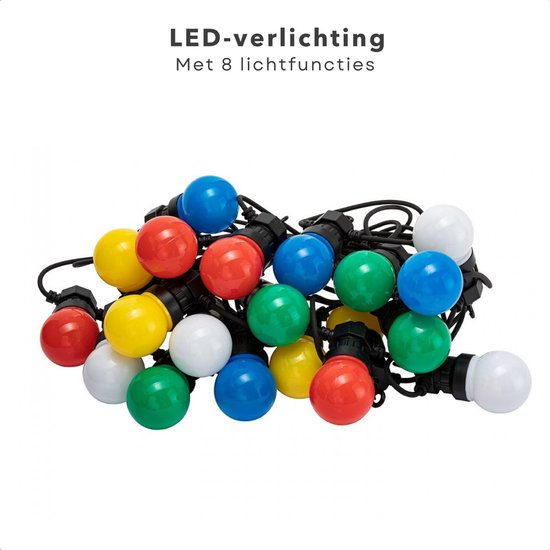 Cheqo® Feestverlichting - Lichtsnoer - Tentverlichting - Fairy Lights - 10L, 3V/20mA - 8 Lichtfuncties - 50cm Afstand - 9.50m Snoer - IP44 Beschermwaarde - 2.4W Power Consumption - Ophangoog - Binnen & Buiten - Cheqo