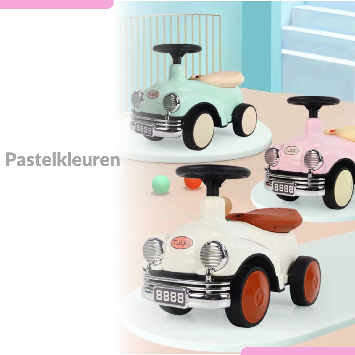 Buxibo Retro Loopauto | Loopwagen voor Jongens & Meisjes | 1-3 jaar | Veilig | Stimuleert Motorische Vaardigheden | Roze - 58x29x38cm — afbeelding 3