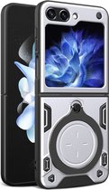 Magnetisch Hoesje Geschikt voor Samsung Galaxy Z Flip 5 | Kickstand Back Cover met Standaard | Hoesje met Ring | Beschermhoes met Magneet voor Auto Houder Zilver
