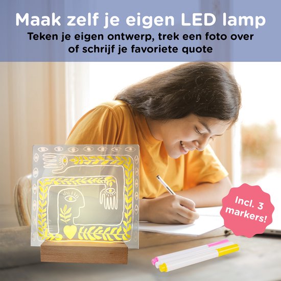 Crafts&Co Memobord Glas Met LED - Creatief Whiteboard Nachtlampje Met Stiften