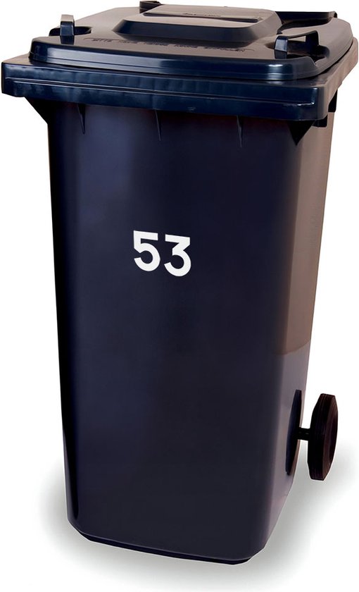 Donkerblauwe vuilnisbak met wit nummer 53.