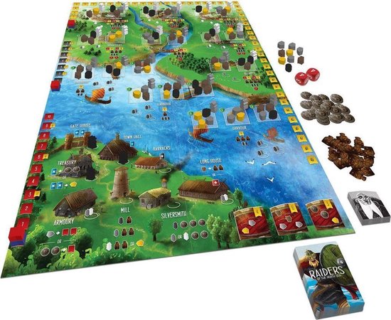 Gedetailleerd bordspel "Rovers van de Noordzee" met Vikingen, schepen en gebouwen.