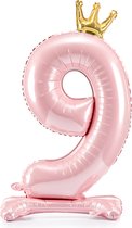 Partydeco - Staande folieballon Cijfer 9 Licht roze met kroon 84 cm