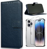 Casemania Hoesje Geschikt voor Apple iPhone 15 Pro Max Blauw & Glazen Screenprotector - Portemonnee Book Case - Kaarthouder & Magneetlipje