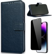 Casemania Hoesje Geschikt voor Apple iPhone 15 Blauw & Privacy Screenprotector- Portemonnee Book Case - Kaarthouder & Magneetlipje