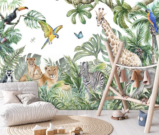 Muurcirkel met tropische jungle dieren: leeuw, leeuwinnenwelp, zebra, olifant, giraf, aapjes, papegaai, toekan, vlinder en libelle.