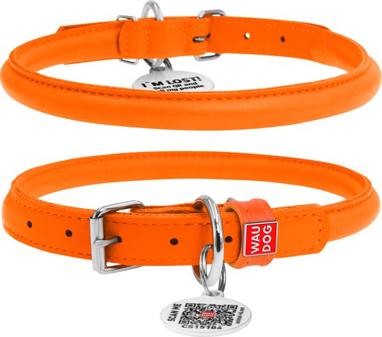 Collar Glamour - Ronde leren halsband - Oranje - Maat M