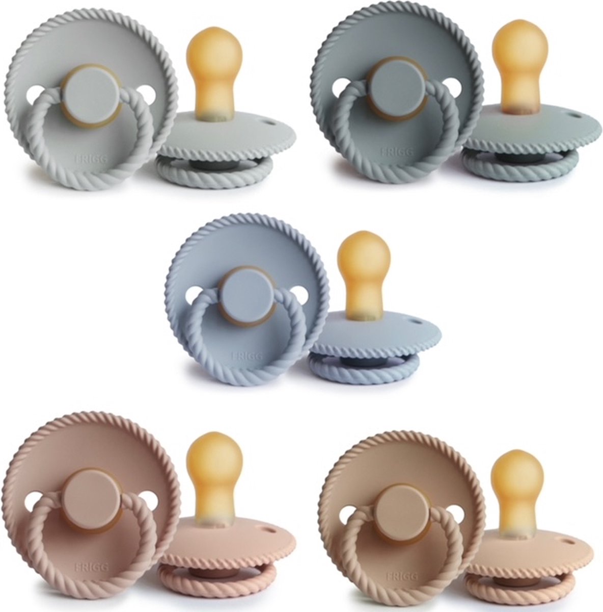 Goedkoopste FRIGG ROPE Fopspeen set 5 stuks French Gray,Silver Gray,Croissant,Blush en Powder Blue 6-18 maand