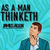Boek 'As a Man Thinketh' van James Allen met een illustratie van een man die nadenkt.