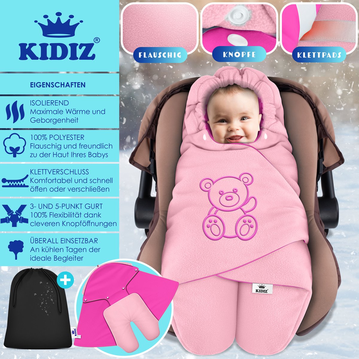 KIDIZ® Baby Slaapzak voor Buggy Voetenzak voor Autostoeltje & Wandelwagen Babyschaal, voor Winter met Kap + Babyslaapzak Deken voor Maxi-Cosi & Kinderwagen alle Gordelsystemen 3 & 5-Puntsgordel - Roze / Roze – foto 4