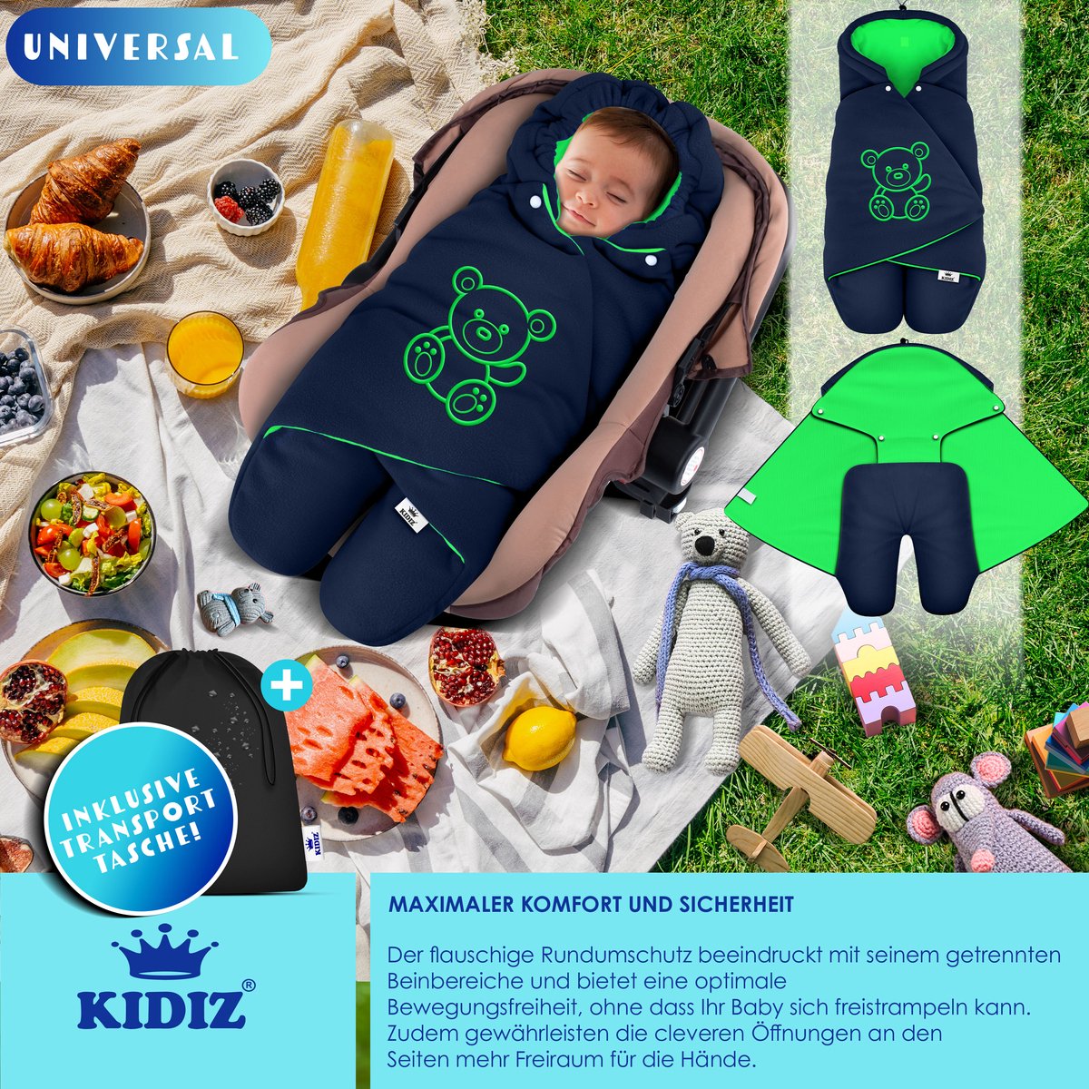 KIDIZ® Baby Slaapzak voor Buggy Voetenzak voor Autostoeltje & Wandelwagen Babyschaal, voor Winter met Kap + Babyslaapzak Deken voor Maxi-Cosi & Kinderwagen alle Gordelsystemen 3 & 5-Puntsgordel - Marineblauw / Groen – foto 7