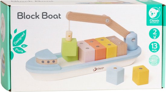 Bateau en blocs de bois Classic World avec grue, 13 pcs.