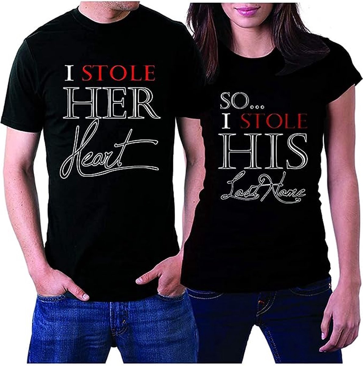 PicOnTshirt - Teetalks Series - T-Shirt Dames - T-Shirt Heren - T-Shirt Met Print - Couple T-Shirt Met 'I Stole Her Heart / His Soul' Print - 2 Pack - Zwart - Heren XL/Dames M