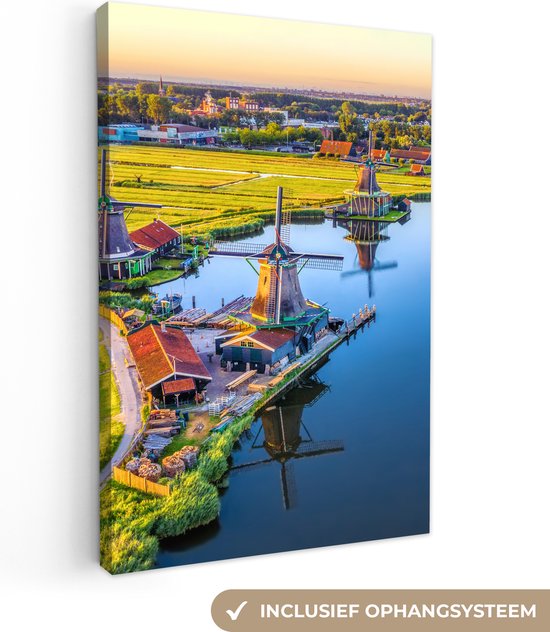 Canvas Schilderij Molen - Avond - Landschap - Hollands - Wanddecoratie