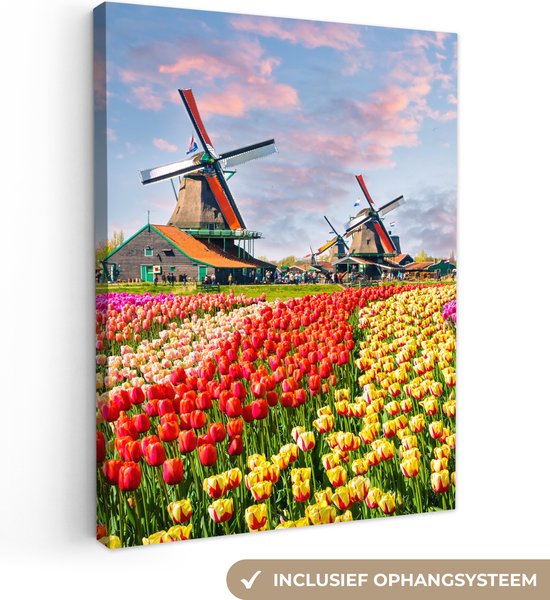 Canvas Schilderij Molen - Tulpen - Bloemen - Regenboog - Hollands - 30x40 cm - Wanddecoratie