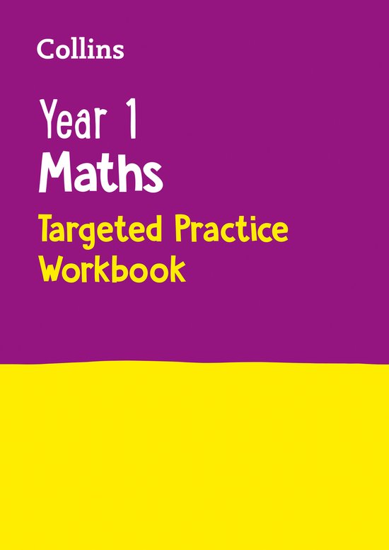 Collins Year 1 Maths Targeted Practice Workbook met paarse en gele achtergrond.