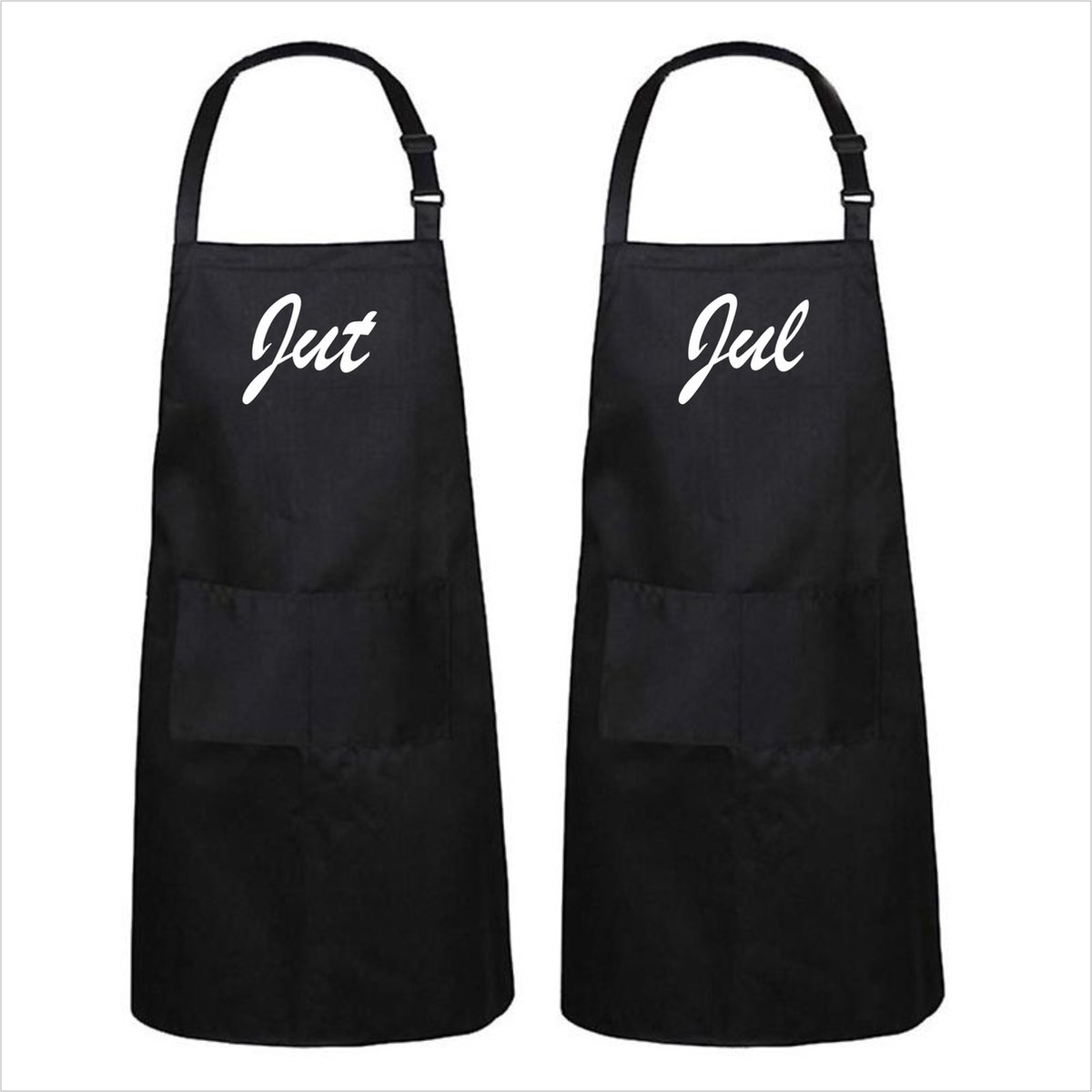Go Mama™ – Keukenschort “Jut en Jul” – Koppel kookschorten – 2 stuks – One Size – Verstelbaar – Zwart – Humor cadeau – Kerst of sinterklaas
