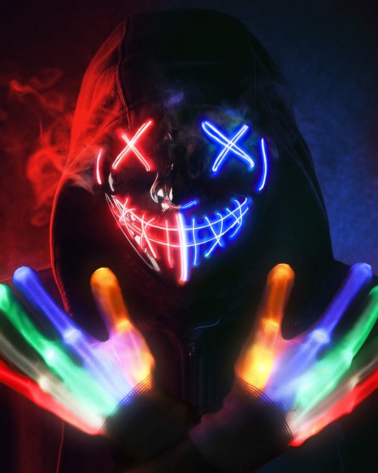 Halloween Purge LED Masker Set - Handschoenen - The Purge Masker - Maskers Handschoenen - LED Verkleedmasker - Feestmasker Set - 3 Stand