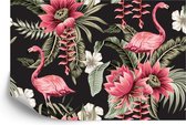 Fotobehang Tropische Bloemen En Flamingo's Vintage