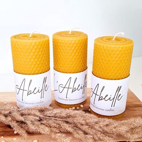 L' Abeille, Handgemaakte 100% puur bijenwaskaarsen, gerolde kaarsen, Set 3st Stompkaars 11,5cm x 5,5cm