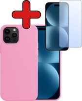 Hoesje Geschikt voor iPhone 15 Pro Hoesje Siliconen Case Hoes Met Screenprotector - Hoes Geschikt voor iPhone 15 Pro Hoes Cover Case - Lichtroze