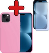 Hoesje Geschikt voor iPhone 15 Hoesje Siliconen Case Hoes Met Screenprotector - Hoes Geschikt voor iPhone 15 Hoes Cover Case - Lichtroze