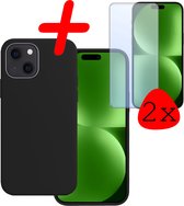 Hoes Geschikt voor iPhone 15 Hoesje Siliconen Back Cover Case Met 2x Screenprotector - Hoesje Geschikt voor iPhone 15 Hoes Cover Hoesje - Zwart