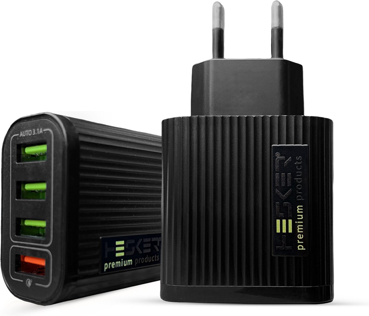 USB Adapter Met 4 Poorten - 3 x USB 3.1A - 1 x Quickcharge 3.0 - USB Stekker - USB Lader - USB Oplader - Zwart - Koptelefoon / Smartwatch / Smartphone / Tablet