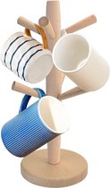 Porte- Crochet à 6 crochets en bois naturel, porte-gobelet en bois, porte-gobelet à café, arbre à bretzel, arbre à tasse de cuisine pour tasse à café, tasse à thé (32 cm)