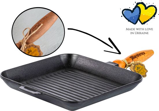 MAYSTERNYA Grillpan Gietijzer - 28 x 28 x 4 cm - Geschikt Voor Inductie - Steakpan - Grillen - Bakken - BBQ Accessoires - Grillplaat - Barbecue - Gietijzer - Pannenset - Barbecue Cadeau - Cadeau - Cadeaupakket - Mat Zwart