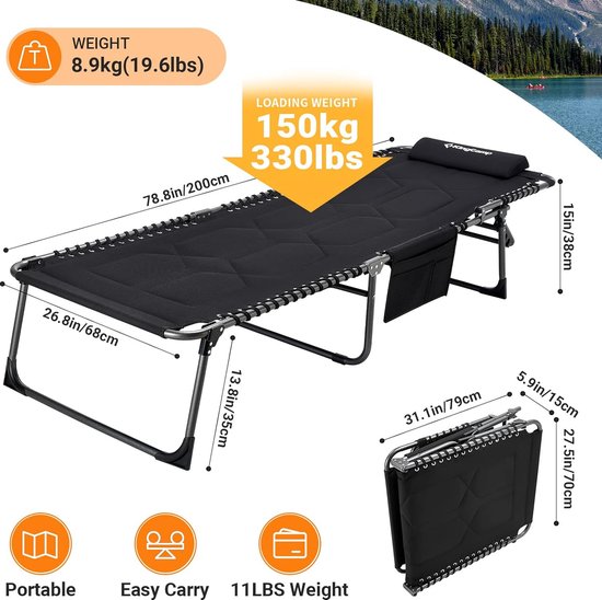 Oversize gewatteerde ligstoel 4-positie verstelbare 78 x 27 inch tuin lounge stoel voor zware mensen opvouwbaar kampbed met kussen, belasting 300 pond voor camping tuin terras zwembad binnen buiten van Homgarden — afbeelding 5