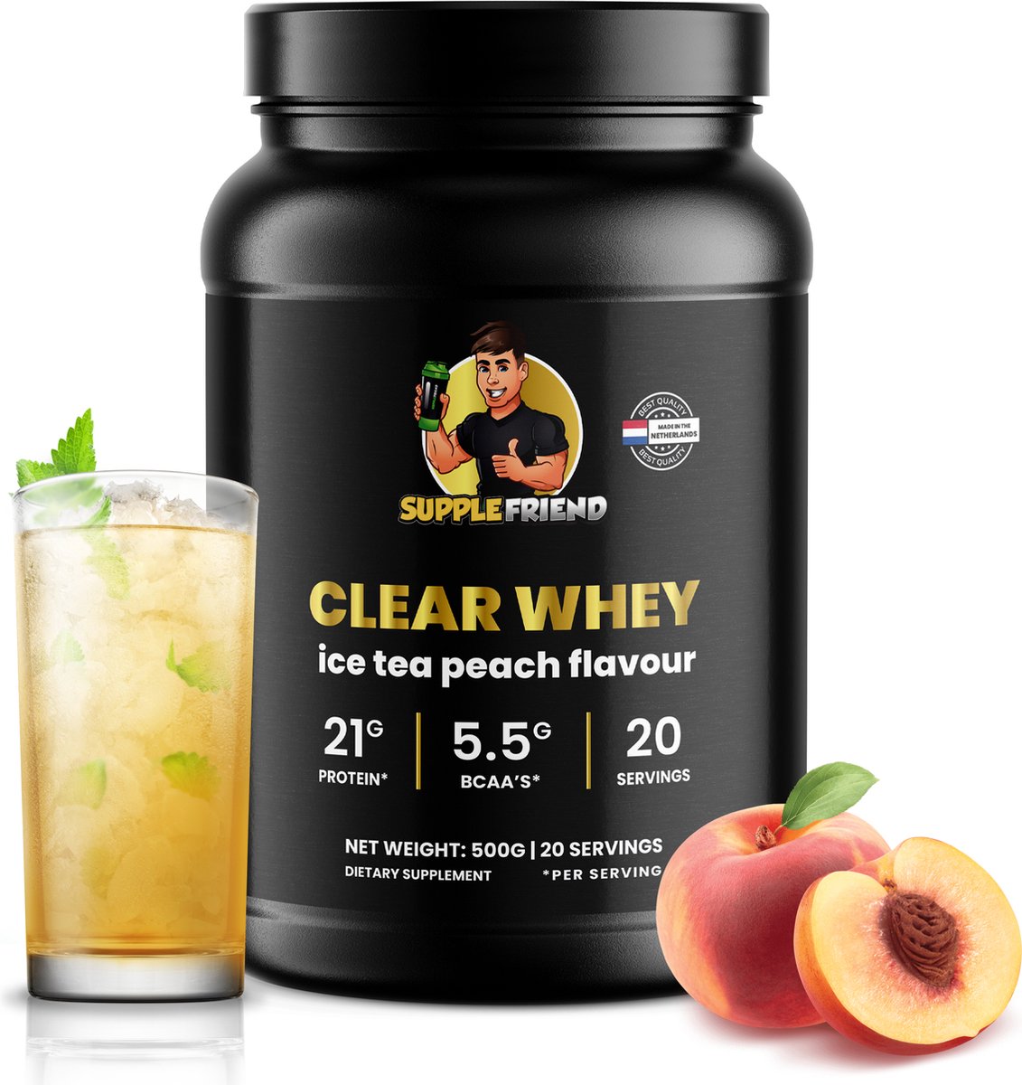 Supplefriend - Clear Whey Isolate - Verfrissende Proteïne shake - Protein Lemonade - Perzik ijsthee Smaak - 500g (20 servings)