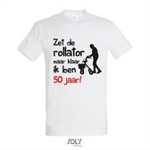 50 jaar - 50 jaar abraham - 50 jaar sarah - 50 jaar verjaardag - T-shirt Zet de rollator maar klaar ik ben 50 jaar! - Maat M - Wit T-shirt korte mouw