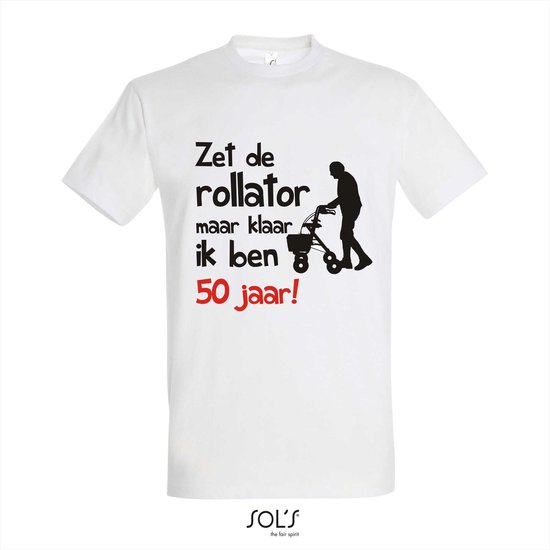 50 jaar - 50 jaar abraham - 50 jaar sarah - 50 jaar verjaardag - T-shirt Zet de rollator maar klaar ik ben 50 jaar! - Maat XXL - Wit T-shirt korte mouw