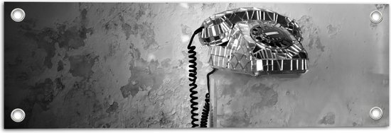 Tuinposter – Vaste Telefoon tegen Gevlekte Muur (Zwart-wit) - 60x20 cm Foto op Tuinposter (wanddecoratie voor buiten en binnen)