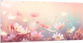 Tuinposter – Getekende Licht Roze Bloemen met Wazige Roze Achtergrond - 200x100 cm Foto op Tuinposter (wanddecoratie voor buiten en binnen)