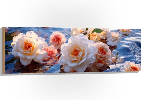 Hout - Camellia Bloemen in het Water - 120x40 cm - 9 mm dik - Foto op Hout (Met Ophangsysteem)