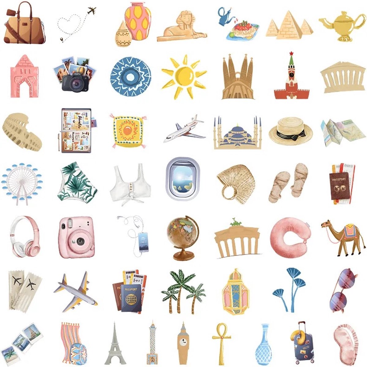 Travel Stickers 50 Stuks | Vakantie Stickers | Reis | Reizen | Zon | Paspoort | Vliegtuig | Holiday | Camera | Laptop Stickers | Stickers Kinderen | Stickers Volwassenen | Stickervellen | Plakstickers | Stickers Koffers | Bullet Journal | — afbeelding 4
