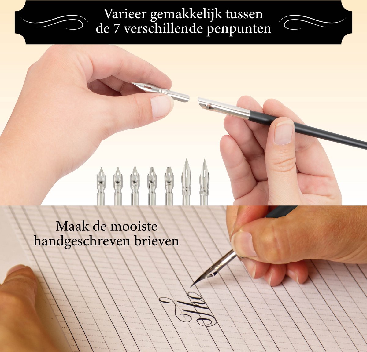 Kalligrafiepennen Set - Kalligrafie set met 7 verschillende penpunten & zwarte inkt - Elegante Geschenkdoos - Vaderdag Cadeau - Moederdag Cadeau - Geschikt voor handlettering, schrijven, journaling & als cadeau — afbeelding 5