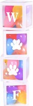 Vier doorzichtig letter ballon blokken wit met de opdruk WOOF - ballondozen - ballonboxen - hond - woof - huisdier