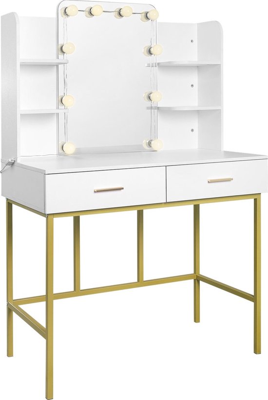 Kaptafel met Verlichting & Spiegel - Toilettafel, Kaptafels, Make Up Tafel, Bureau - 90x45x136 cm - Wit met goud