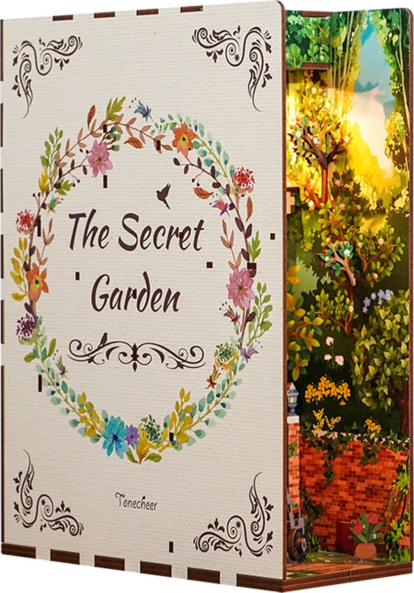 Tonecheer The Secret Garden Book Nook Bouwpakket - Modelbouw - 18,2 x 8 x 24,5 cm - Houten 3D Puzzel - Boekensteun - LED-licht - Bewegingssensor Licht - Boekenhouder — afbeelding 2