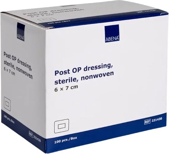 Doos met Abena postoperatieve verbanden, steriel, non-woven, 6x7 cm, 100 stuks per doos.