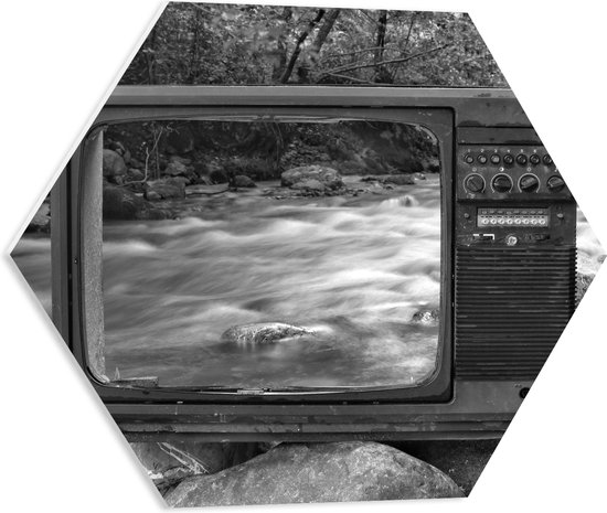 PVC Schuimplaat Hexagon - Oude Vintage Televisie met Doorkijk op Rivier (Zwart-wit) - 50x43.5 cm Foto op Hexagon (Met Ophangsysteem)